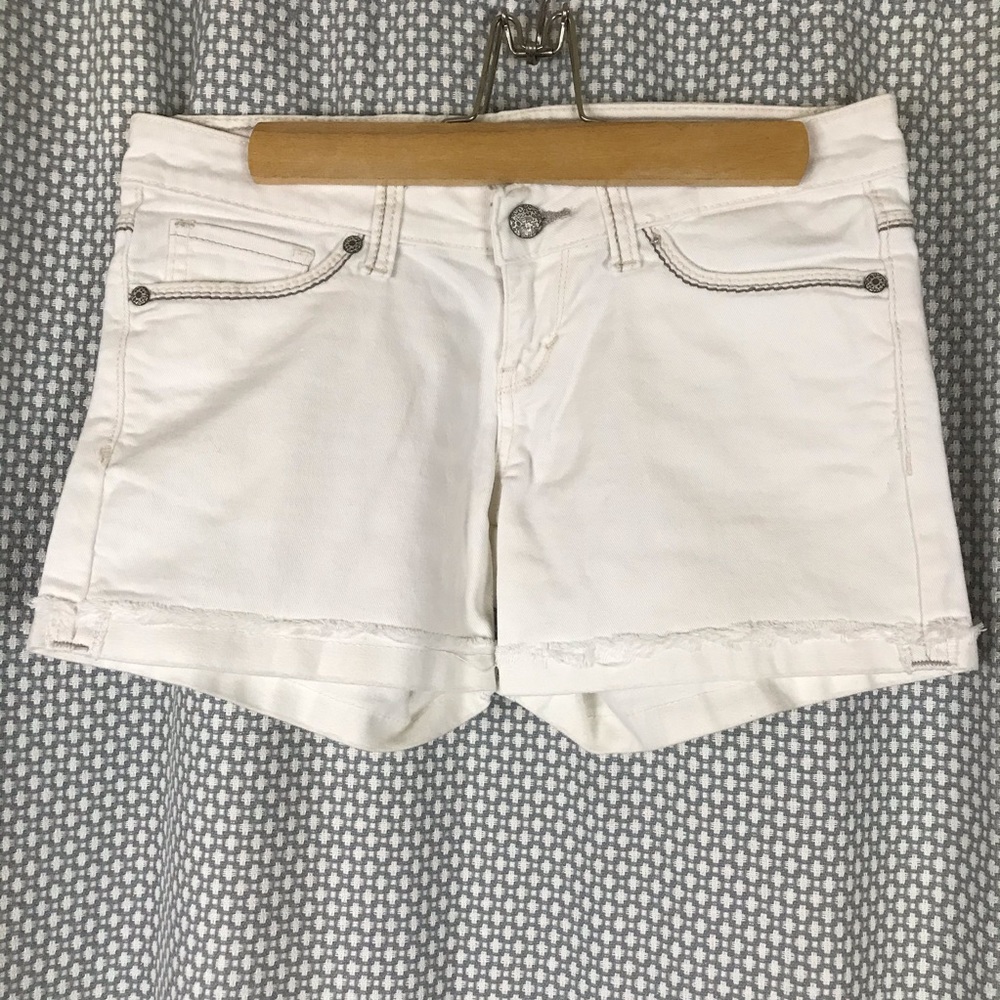 Levi Midi White Denim Raw Rolled Hem Jean Shorts 3
